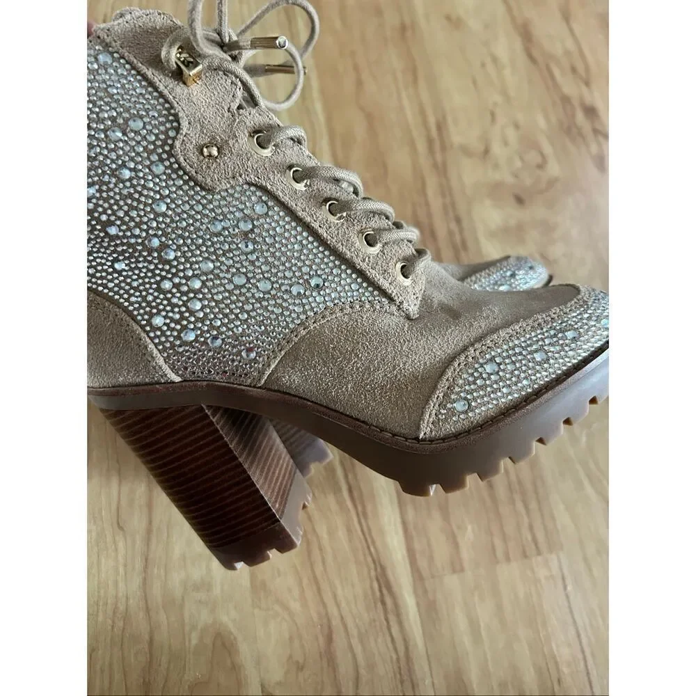 Michael Kors tan chunky heel sparkly boots leather suede size 6M New combat
